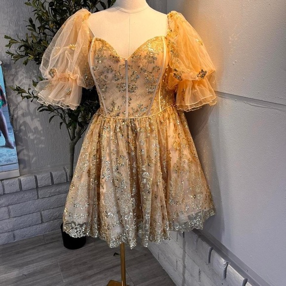 May Queen Size Petite 4 Gold corset dress 5 layers - Fairycore Prom - Picture 1 of 6